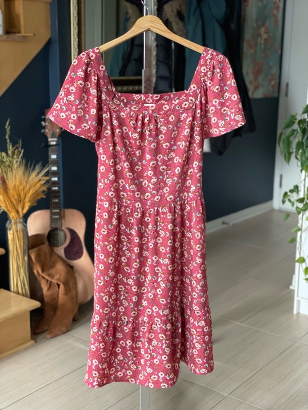 Monteau Rose Pink Floral Square-Neck Dress - Small Undone Seam Bought NWT As Is